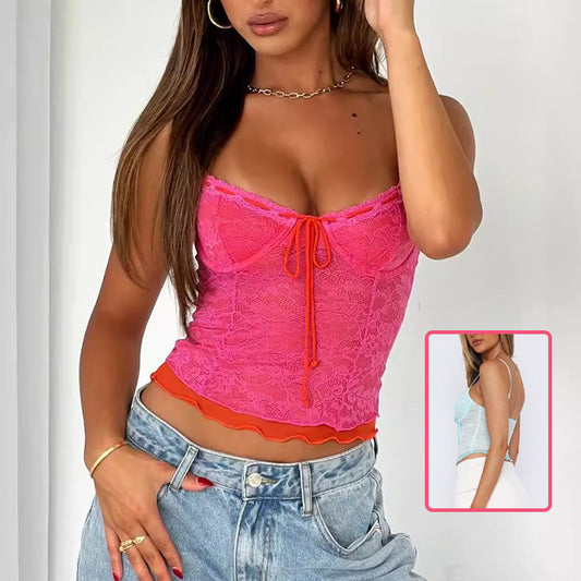 Seksi čipkasti top slim fit, od šifona, bez leđa